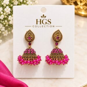 Premium Pink Beaded Golden Jhumke