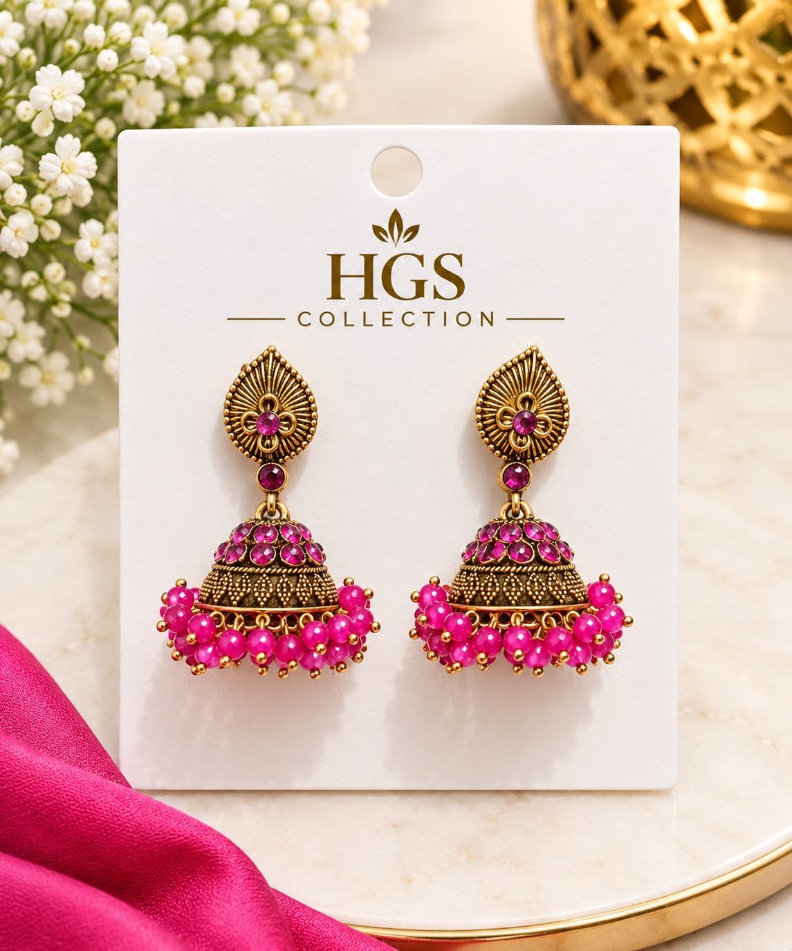 Premium Pink Beaded Golden Jhumke