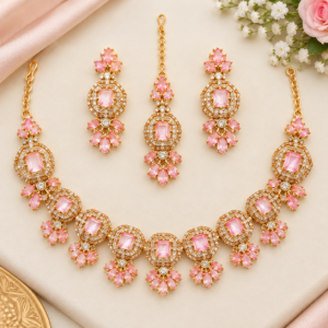 Elegant Pink Stone Elegant Necklace, Earrings & Tikka Set