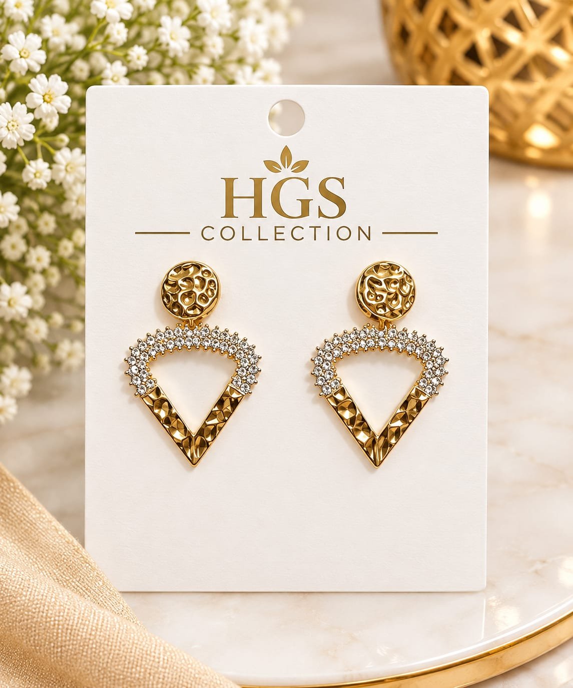 Golden Triangle Earrings with Sparkling Stones